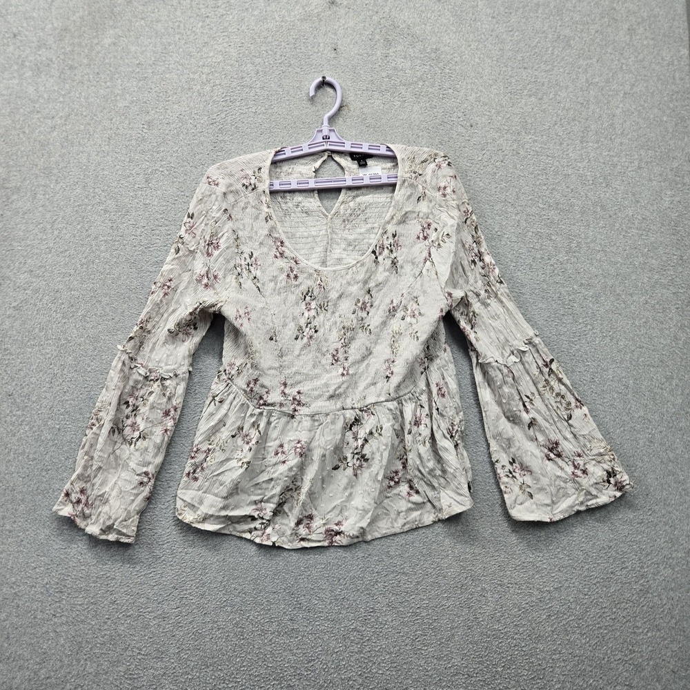 Torrid Women Blouse 1 Gray Floral Victorian Crinkle Gauze Boho Smocked Flare